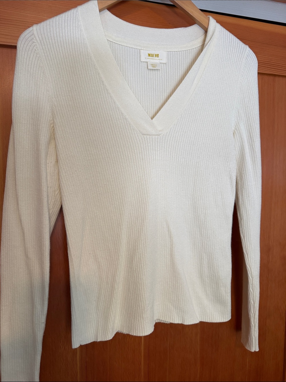 Maeve Cream Ribbed V-Neck Long Sleeve Top